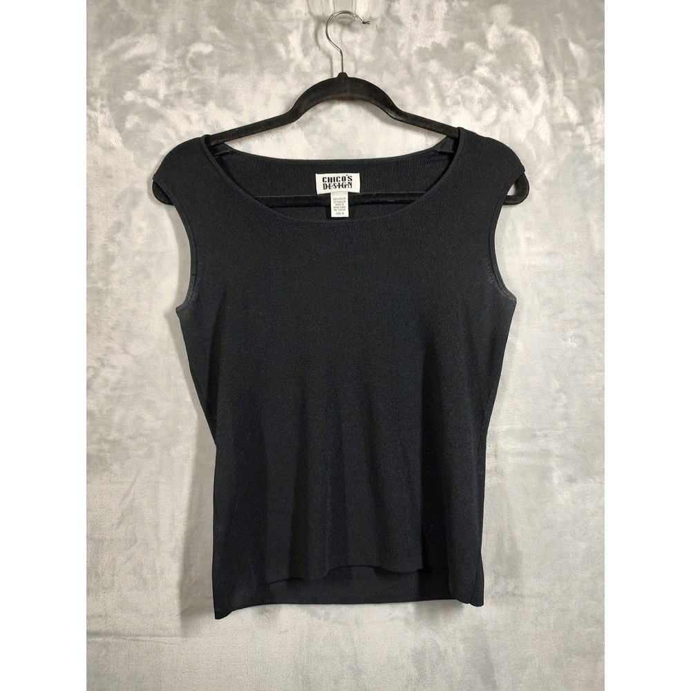 Chicos Design Womens Black Sleeveless Knit Top Boat Neck Rayon Blend Size 0 XS S